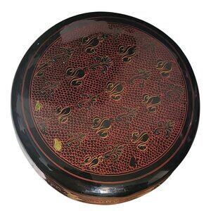 Burmese Japanese Round Lacquer Box With Red & Black Hand-Painted Design